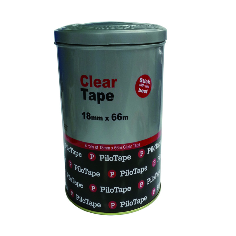 round clear tape tin box