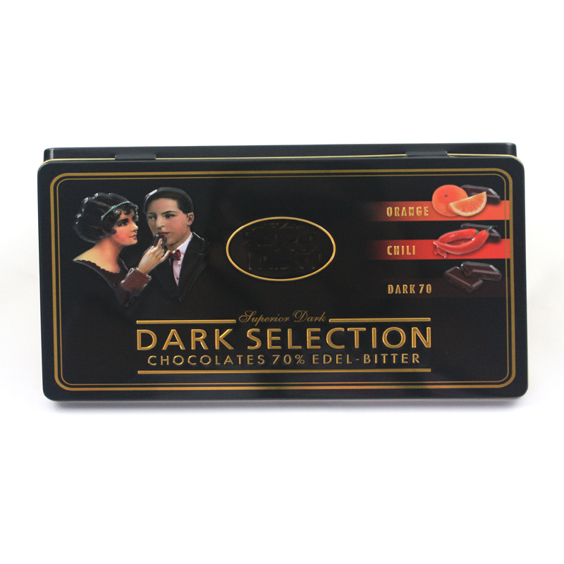 rectangular tin box for dark chocolate