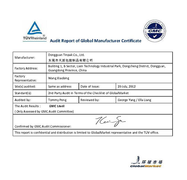 GMC certifate by TUV for Tinpak Tin box factory