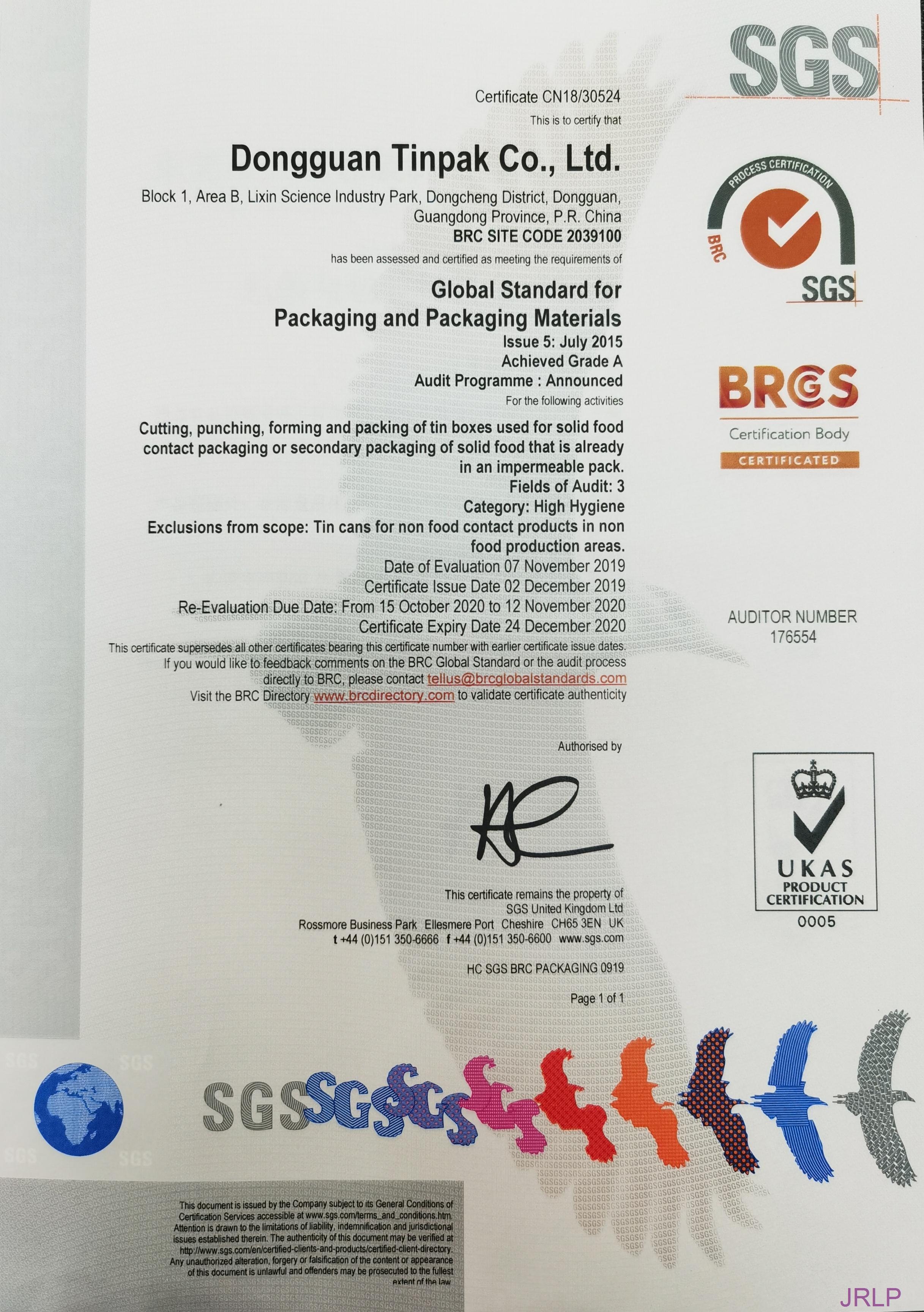 Tinpak Renewed the BRC Certificate
