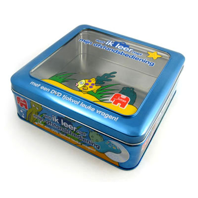 Food tin box with clear PVC window in lid