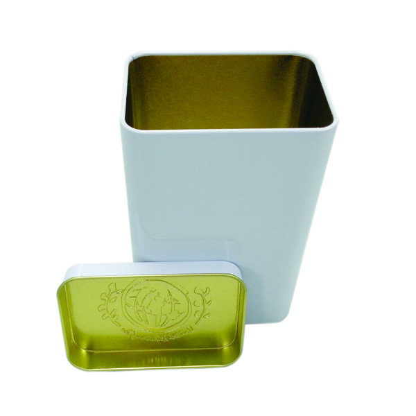 small rectangular shaped metal tea tin box