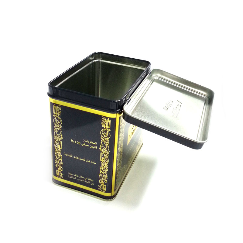 small rectangular food metal tin box with hinged lid