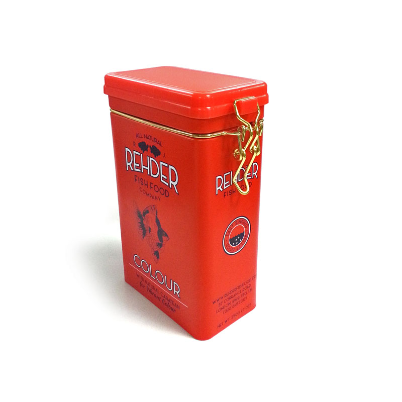 custom rectangular fish food tin box with plastic lid