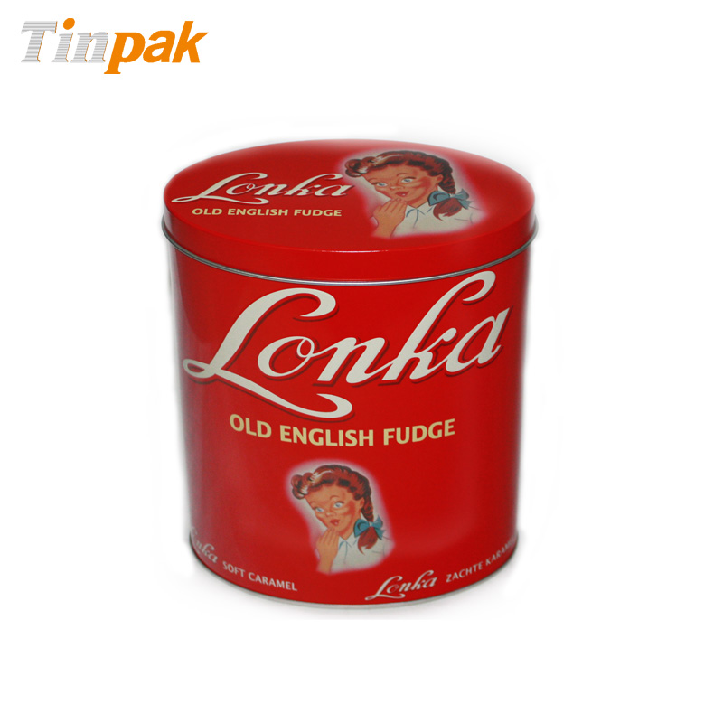 Oval shaped red candy tin can