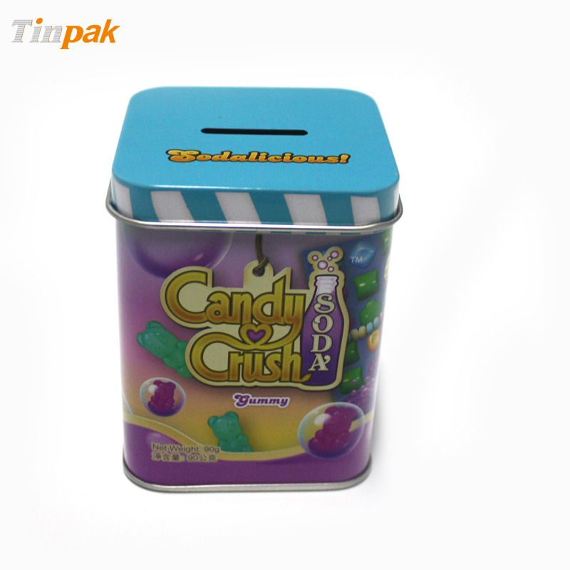 Square Candy Tin Box With Coin Slot