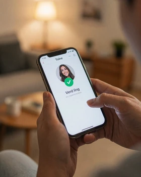 Man verifying an Asian dating profile on smartphone with green checkmark badge