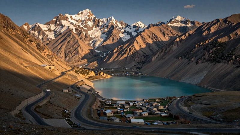 Scenic Pamir Highway in Tajikistan mountains with traditional village and glacial lake