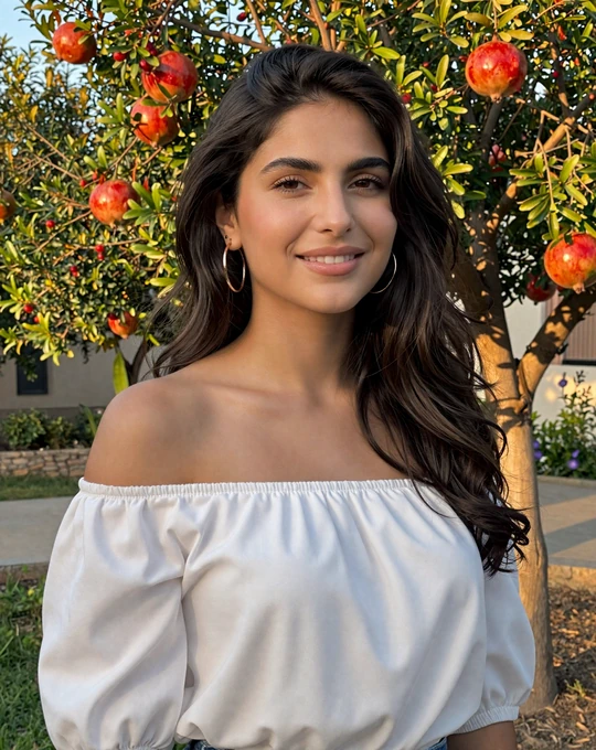 Beautiful Armenian woman in garden with pomegranate trees, representing Armenian dating culture