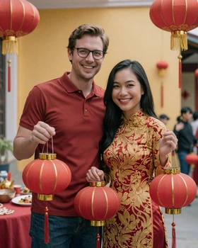 Interracial couple celebrating Lunar New Year together, blending Western and Asian traditions