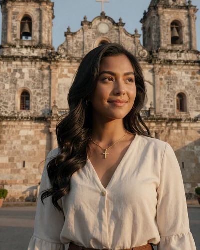Filipina woman wearing a cross necklace standing near a historic church in the Philippines