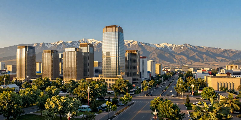 Almaty Kazakhstan skyline with modern buildings against the snow-capped Tien Shan mountains