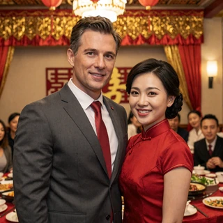 James and Mei at their Chinese wedding banquet - cross-cultural marriage success story
