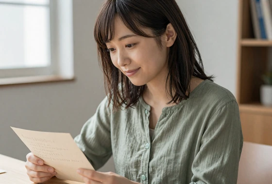 Beautiful Japanese woman reading a heartfelt message from her international partner