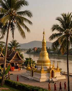 Buddhist temple in Luang Prabang Laos with golden spires at sunset