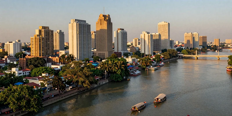 Panoramic view of Dhaka city skyline at golden hour with Buriganga river