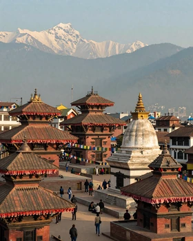 Kathmandu Durbar Square with ancient temples and Himalayan mountain backdrop