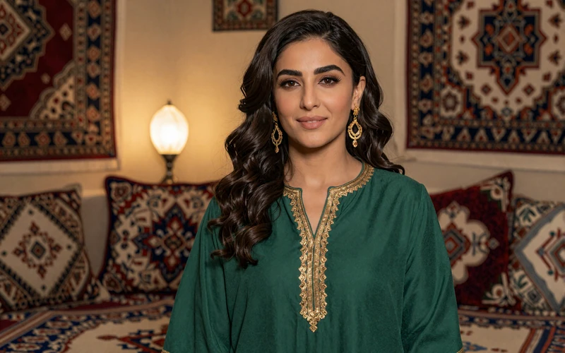 Parisa, an elegant Afghan woman in traditional green embroidered dress standing in a beautifully decorated room with Afghan carpets