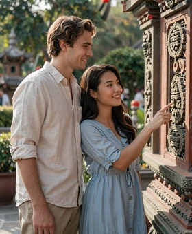 Western man and Asian woman exploring temple together during cultural dating trip