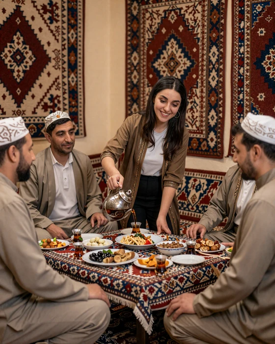 Turkmen family gathering showing traditional hospitality and multi-generational family bonds