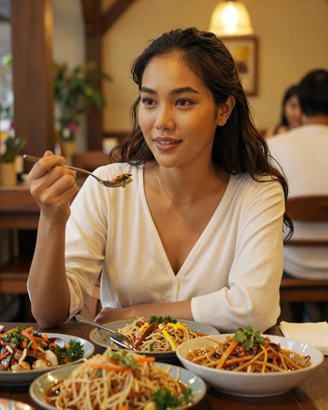 Thai woman sharing a meal at a traditional Thai restaurant - dating culture in Thailand