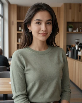Young Kyrgyz woman in a modern Bishkek cafe smiling warmly