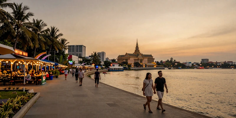 Phnom Penh riverside promenade at sunset showing the vibrant Cambodian dating scene
