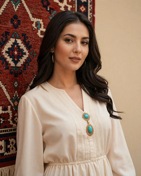 Graceful Turkmen woman in elegant attire near traditional Turkmen carpet showcasing beauty and cultural heritage
