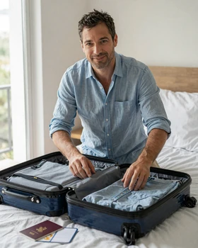 Western man packing suitcase with passport ready for first trip to Asia to meet girlfriend