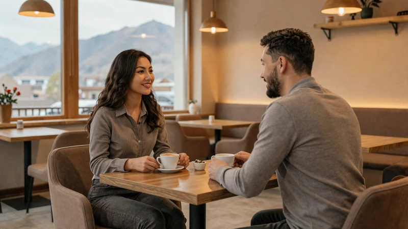 Western man and Kazakh woman enjoying a coffee date at a modern cafe in Almaty with Tien Shan mountain views