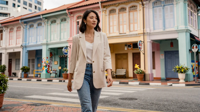 Singaporean woman walking through colorful Haji Lane cultural district in Singapore
