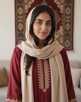 Nafisa, a young Afghan woman in traditional embroidered tunic smiling warmly in her modern home