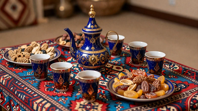 Traditional Tajik tea ceremony with ornate ceramics and dried fruits for cultural dating customs