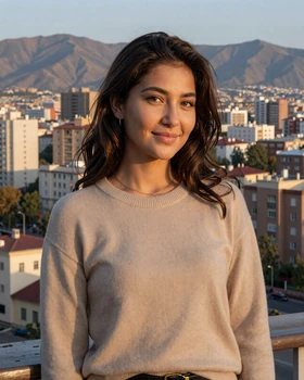 Beautiful Kazakh woman with Eurasian features smiling in Almaty with Tien Shan mountains behind her