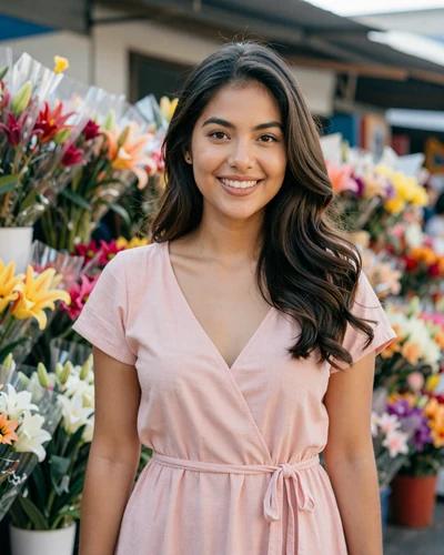 Filipina woman smiling warmly at a flower market in Manila, representing Filipino women dating culture