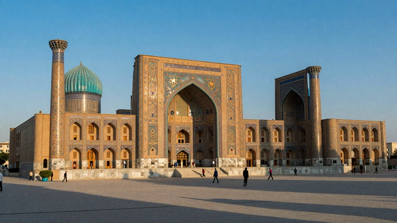 Registan Square in Samarkand Uzbekistan with turquoise mosaic madrasas at golden hour