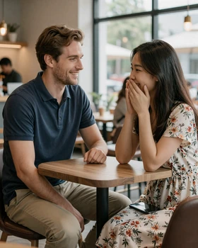 Western man and Asian woman meeting for the first time at a cafe during international dating trip