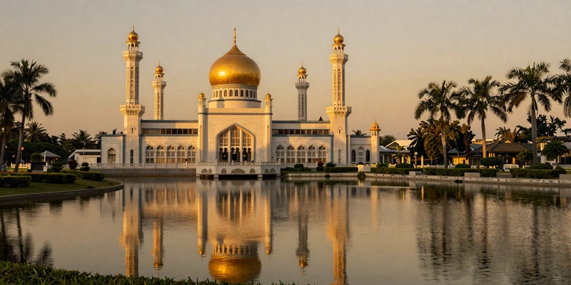 Sultan Omar Ali Saifuddien Mosque with golden dome reflecting in Brunei lagoon at sunset