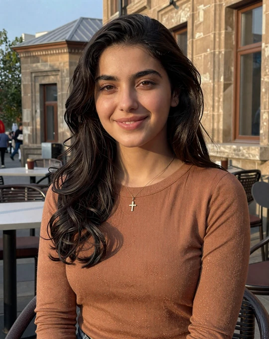 Armenian woman in casual outfit at a Yerevan cafe, representing Armenian singles seeking dating