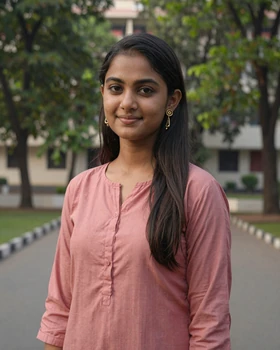 Smiling Bangladeshi woman in rose kurti on a Dhaka university campus