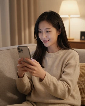 Chinese woman smiling during video chat on her phone in cozy apartment