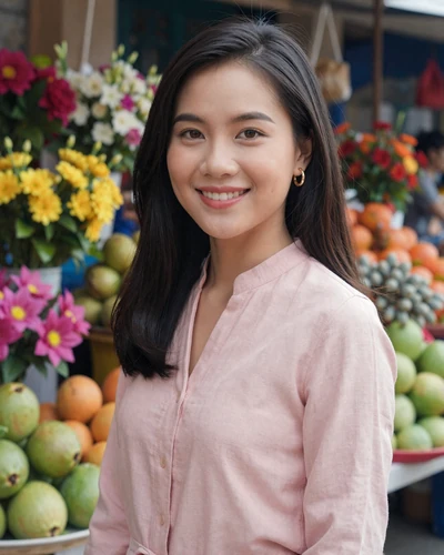 Vietnamese woman smiling warmly at a traditional flower market, representing Vietnamese women dating culture