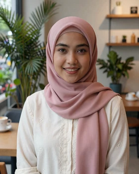Attractive Malaysian woman in modern hijab smiling at a Kuala Lumpur cafe