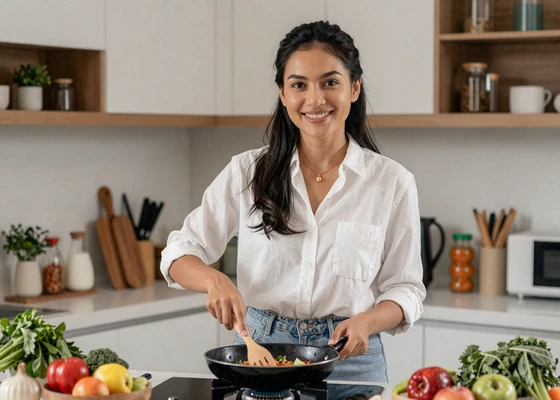 Indonesian woman cooking traditional food in modern kitchen illustrating family-oriented dating culture
