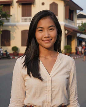 Laotian woman smiling in Vientiane street wearing casual blouse