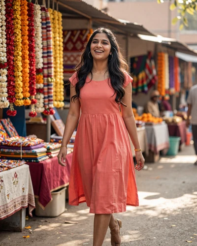 Joyful Indian woman walking through a colorful flower market in India