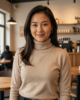 Mongolian woman in a modern Ulaanbaatar cafe ready for dating