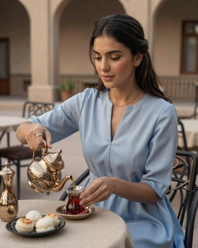 Uzbek woman pouring traditional tea at outdoor cafe in Uzbekistan courtyard