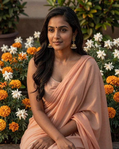 Elegant Indian woman wearing traditional gold jewelry and chiffon dupatta in a garden setting