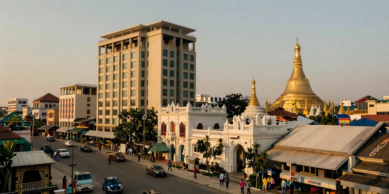 Downtown Yangon Myanmar at golden hour showing blend of traditional and modern architecture